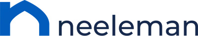 Neeleman Academy Logo, startend met een icoon met een grote blauwe N gemixt met het icoon van een huis, met neeleman academy geschreven in het donkerblauw